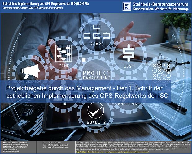 ISO GPS - Freigabe des Projekts, Maß-, Form- und Lagetoleranzen, Maßtoleranzen, ISO 8015, ISO 5459, ISO 22081, ISO 2768, ISO 21920, ISO 1101, ISO 1660 Der erste Schritt zur betrieblichen Implementierung des GPS-Regelwerks der ISO (ISO GPS) ist die Projektfreigabe durch das Management