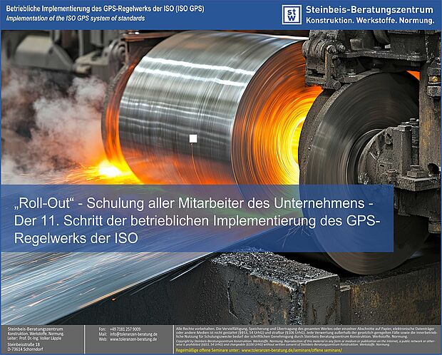 ISO GPS - "Roll-Out", Maß-, Form- und Lagetoleranzen, Maßtoleranzen, ISO 8015, ISO 5459, ISO 22081, ISO 2768, ISO 21920, ISO 1101, ISO 1660 Der elfte Schritt zur betrieblichen Implementierung des GPS-Regelwerks sind Schulungen für alle Mitarbeiter ("Roll-Out")