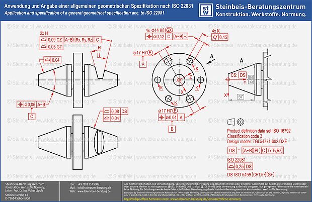 ISO 22081, Allgemeintoleranzen, allgemeine geometrische Tolerierung, ISO 2768, ISO 20457, ISO 8015, Form- und Lagetoleranzen, Angsttoleranzen, ISO 5459, ISO 5458, ISO 1101, ISO 1660, ISO GPS, GPS-Regelwerk der ISO, ISO-GPS-Norm, Toleranzen, ISO 17450 ISO 22081 ermöglicht es, Produktspezifikationen aber auch den Konformitätsnachweis signifikant zu vereinfachen, da alle nicht funktionsrelevanten Merkmale eindeutig und vollständig toleriert werden können.