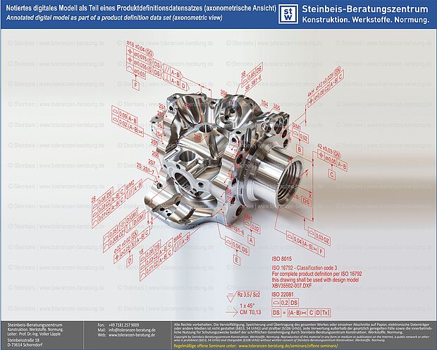 ISO GPS - 3D-Modell mit Annotationen, Maß-, Form- und Lagetoleranzen, Maßtoleranzen, ISO 8015, ISO 5459, ISO 22081, ISO 2768, ISO 21920, ISO 1101, ISO 1660 3D-Modell mit Spezifikationselementen des GPS-Regelwerks der ISO (ISO GPS)