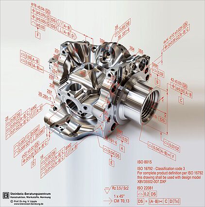 Positionstoleranzen und Profiltoleranzen (Flächenprofil und Linienprofil) an einem komplexen Frästeil unter Anwendung der Normen ISO 1101, ISO 1660, ISO 22081, ISO 21920, ISO 5458, ISO 5459 und Form- und Lagetoleranzen (ISO GPS)